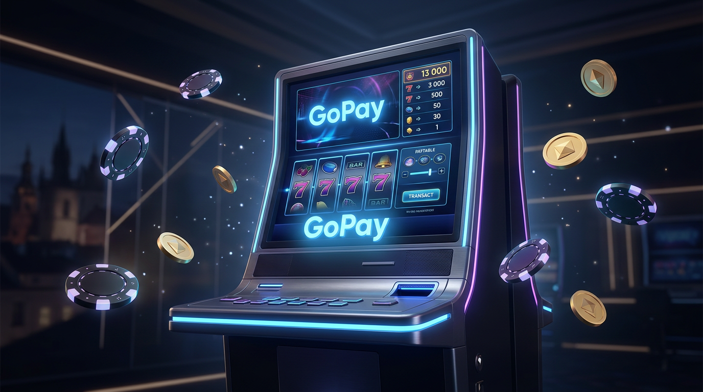 Ilustrace platební metody GoPay v prostředí online kasina s neonovými prvky